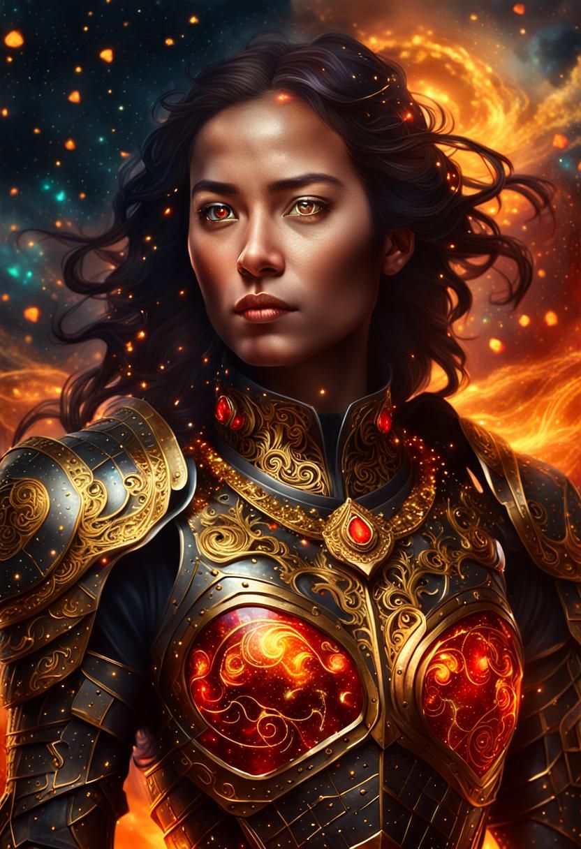 Armored Woman in Mystical Clouds, Digital Painting