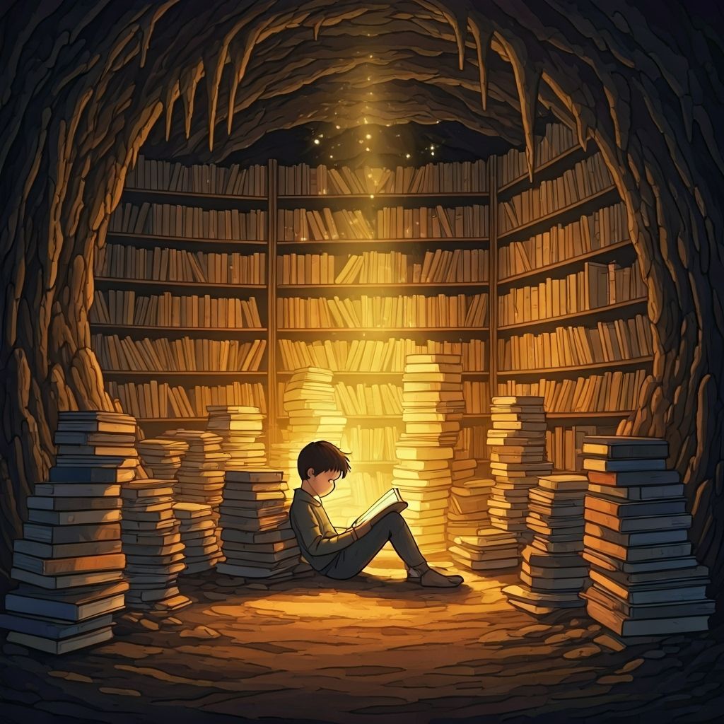 Boy Reading in Magical Book Cave, Gurney Style