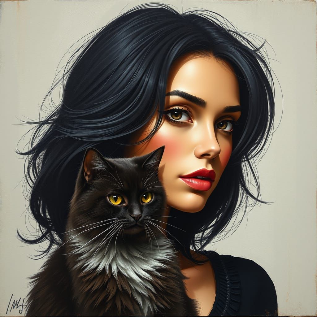 Elegant Woman with Feline Companion in Oil Painting Style