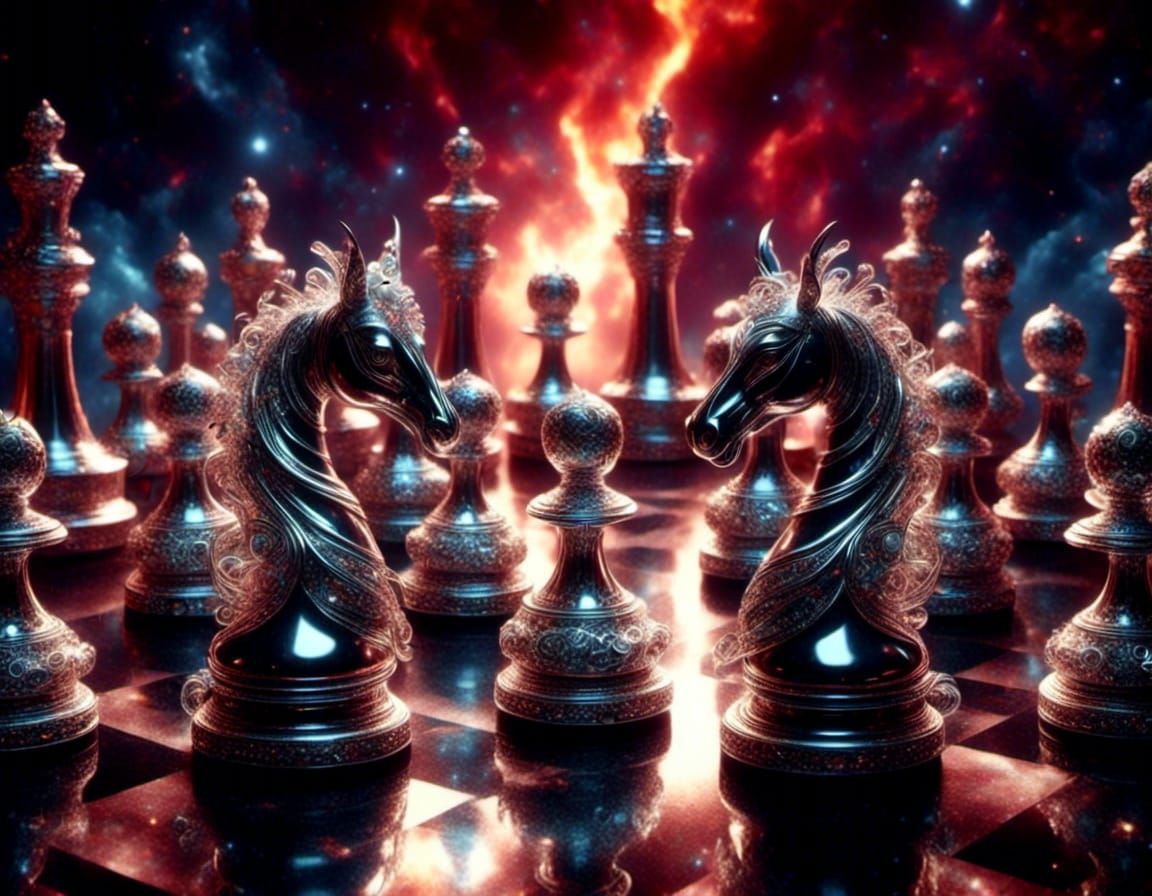 Celestial Chess Pieces Dissolving into Smoke Ribbons