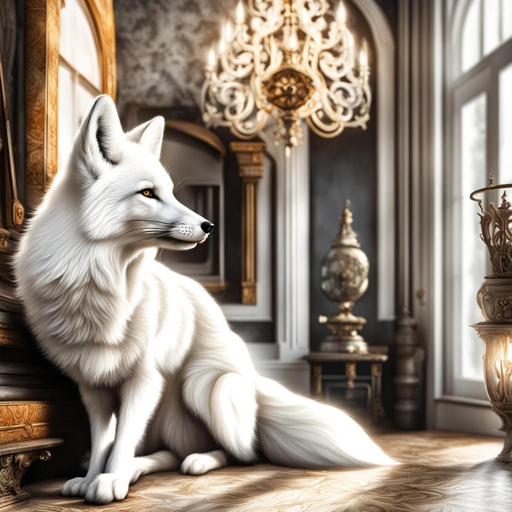 Hyperrealistic White Fox in House Interior