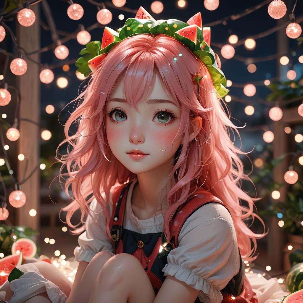 Anime Girl with Watermelon Hair in 3D Art