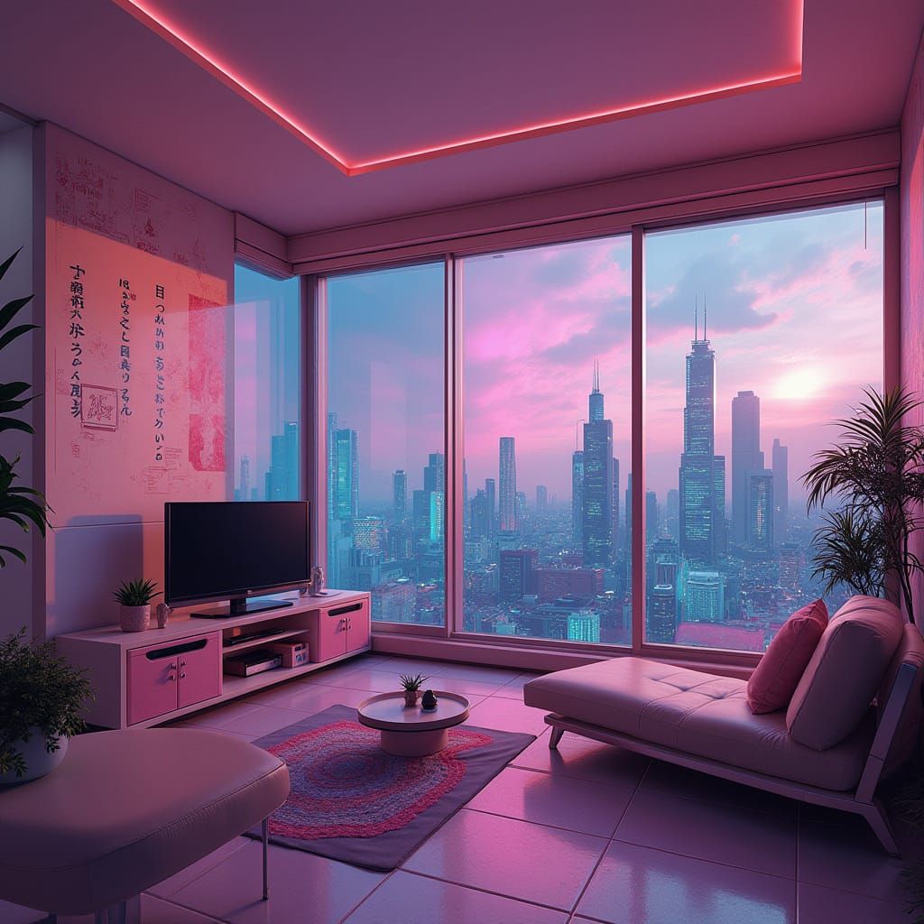 Retro-Futuristic Japanese Apartment in Neon-Lit Vaporwave Dr...