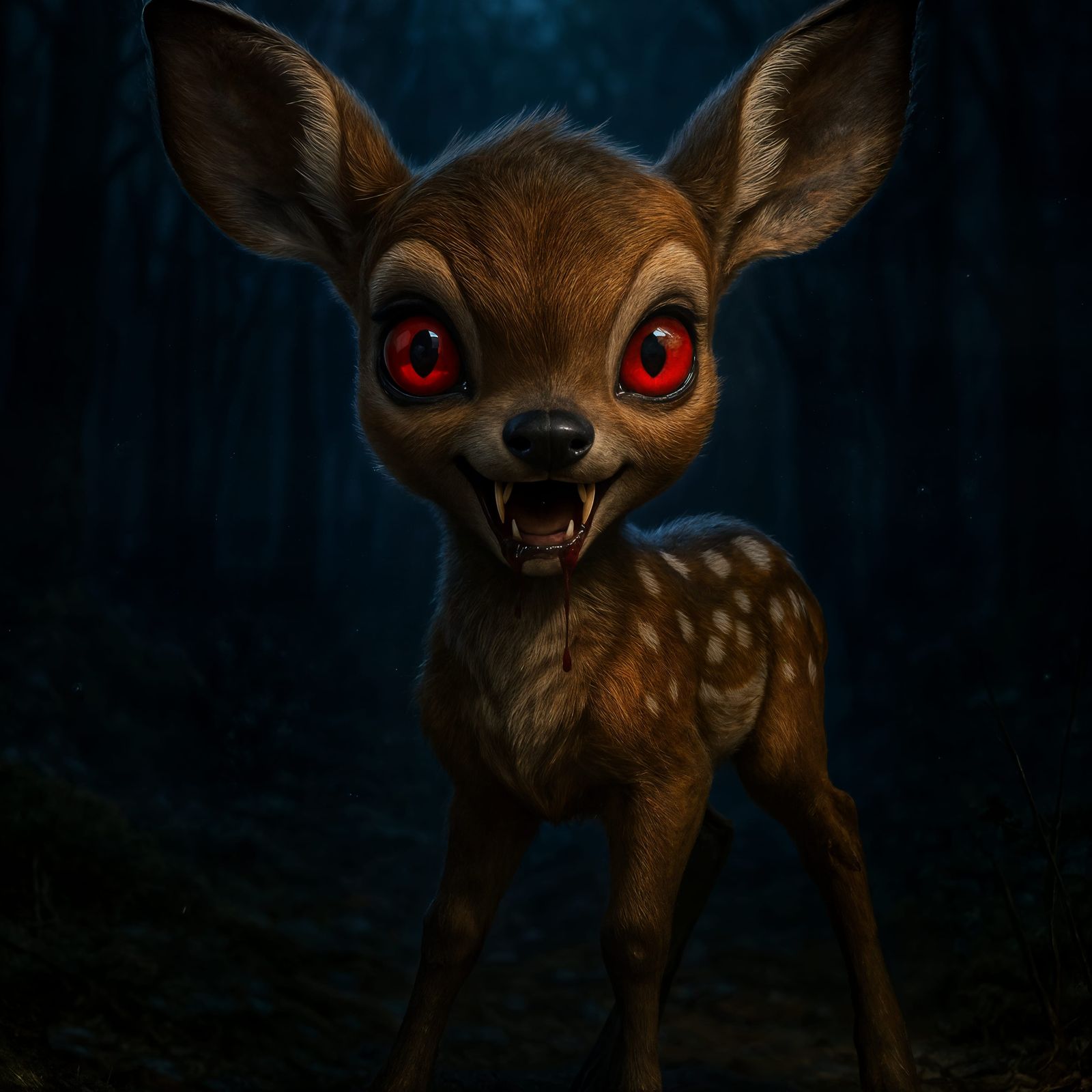 Adorable Bambi Vampire in Forest at Night
