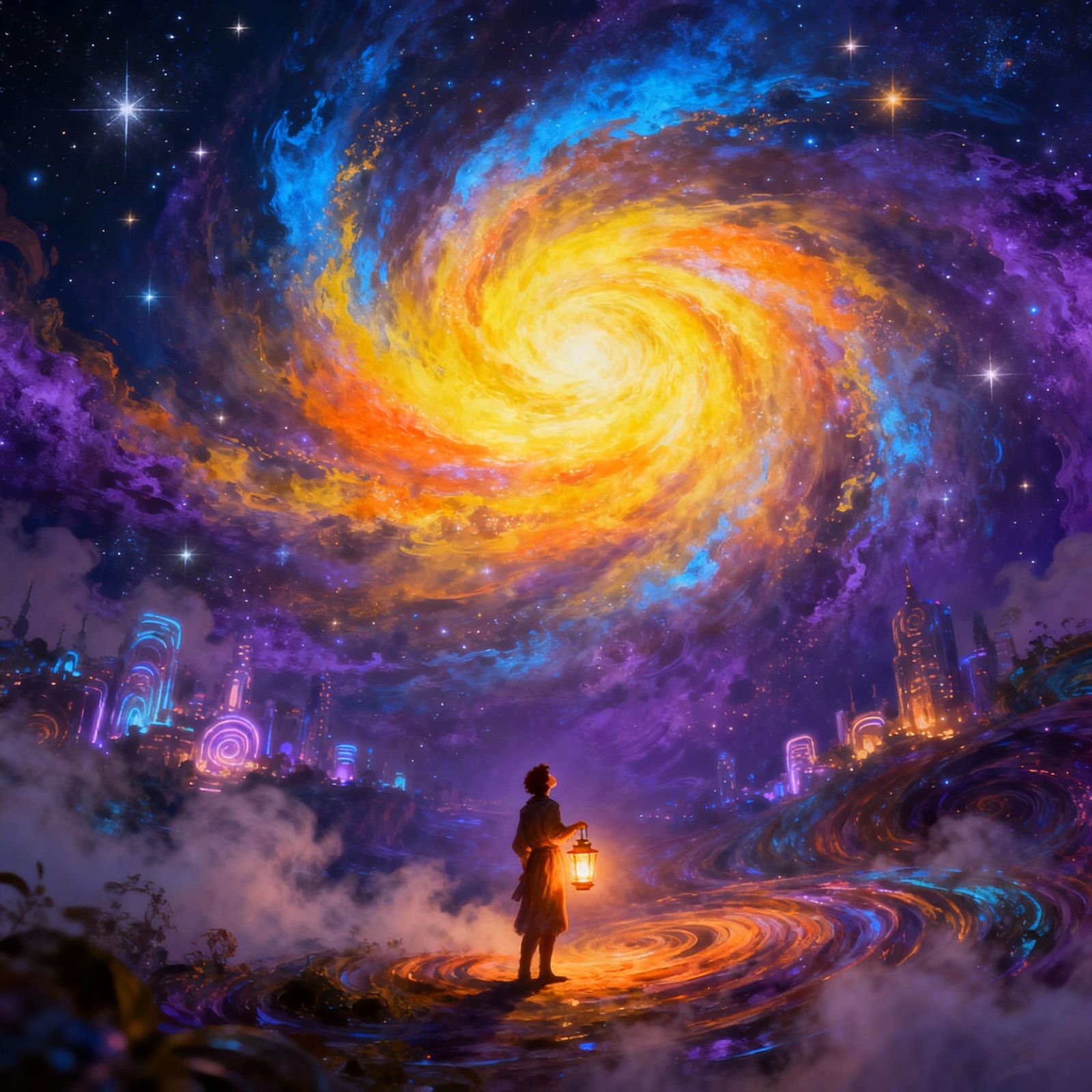 Figure Gazing at Cosmic Light Vortex in Ethereal Fantasy Sty...
