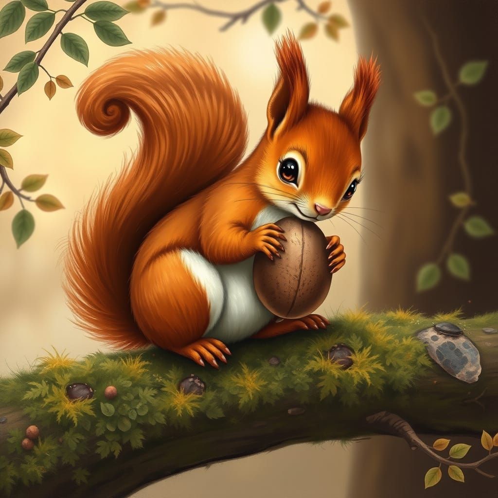 Squirrel Perched on Mossy Branch, Holding Hazelnut in Elegan...