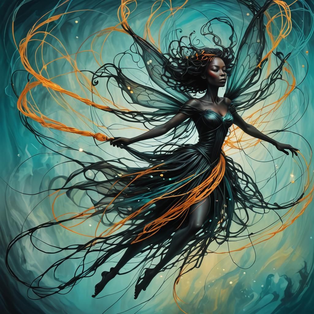 Abstract Black String Fairy in Surreal Dreamscape