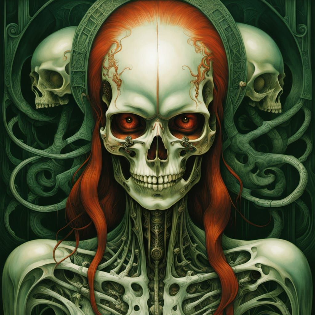 Mysterious Female Skull with Fiery Red Hair and Green Eyes i...