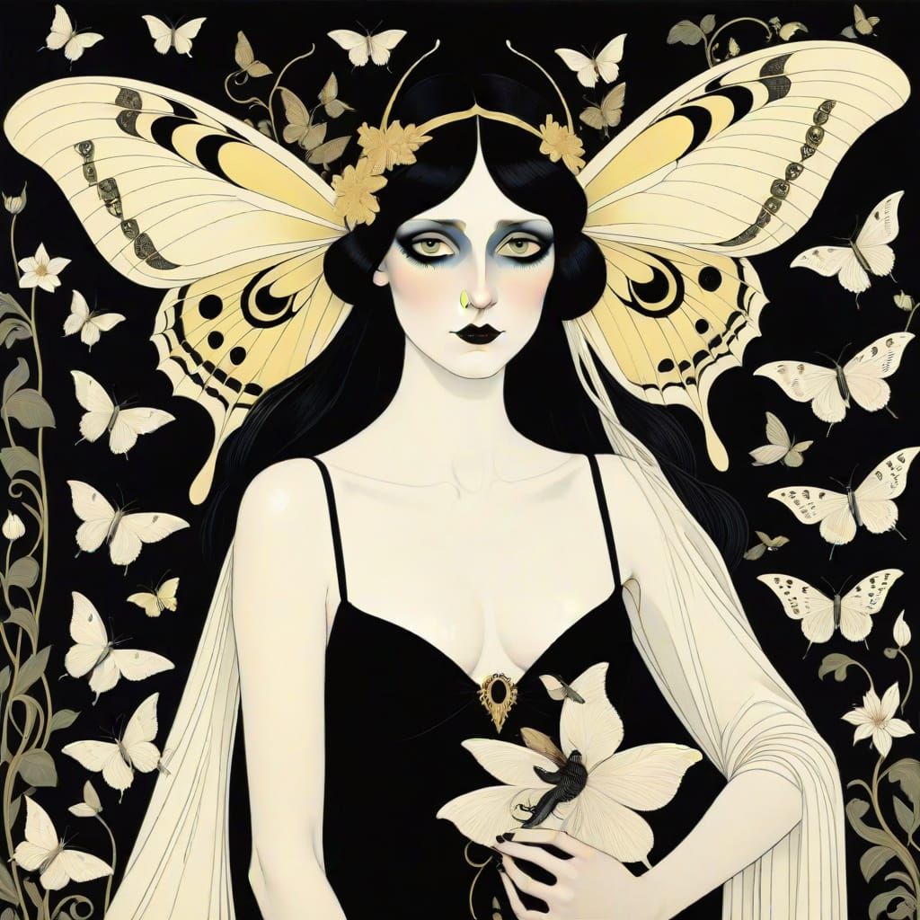 Gothic Macabre Cartoon Luna Moth, Art Nouveau Style