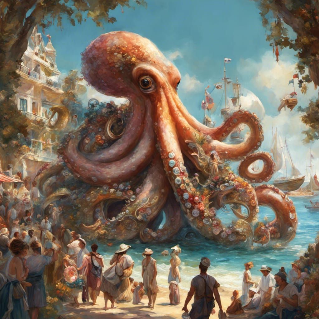 Giant Octopus Saxophonist at Beach Festival in Rococo Style
