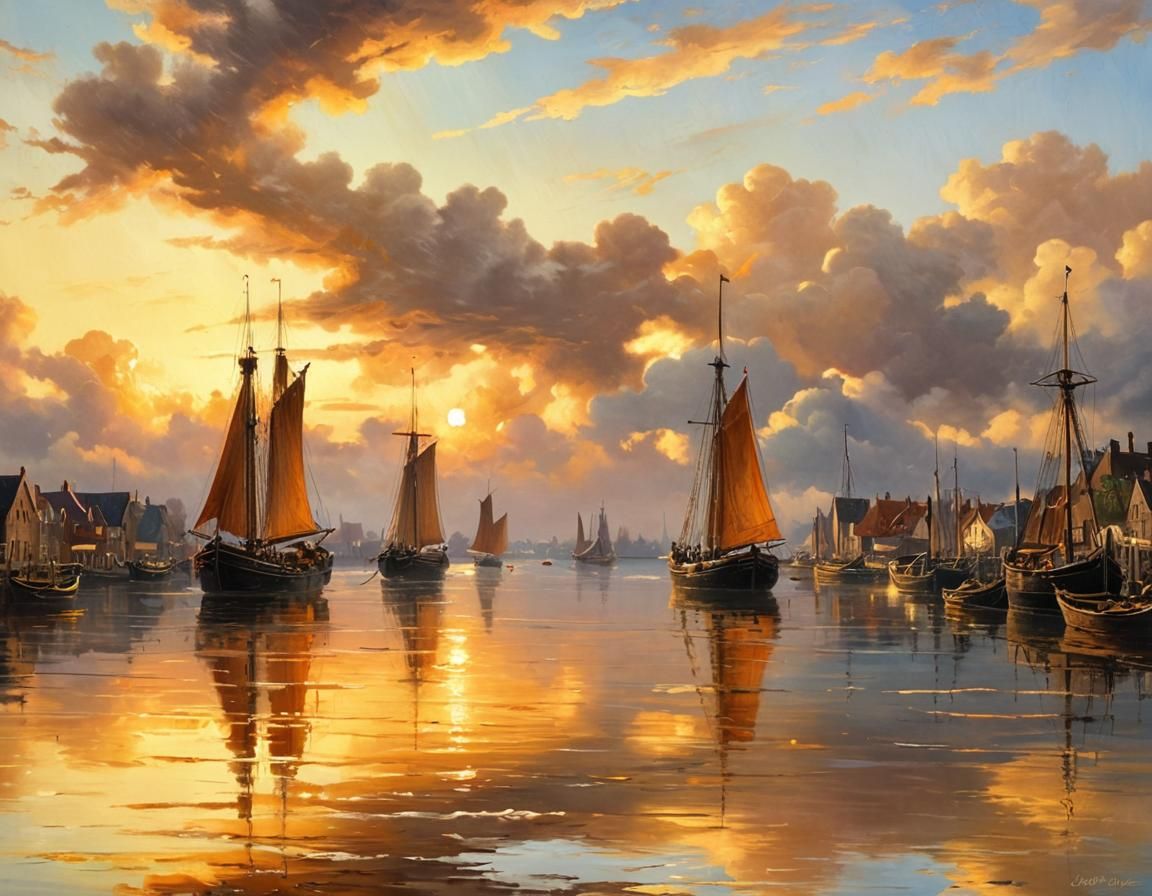 Dutch Harbor Sunset: Golden Age Oil Painting