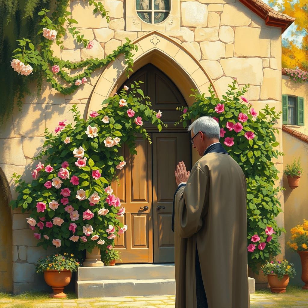 Priest in Contemplation Before Floral Chapel, Oil Painting i...