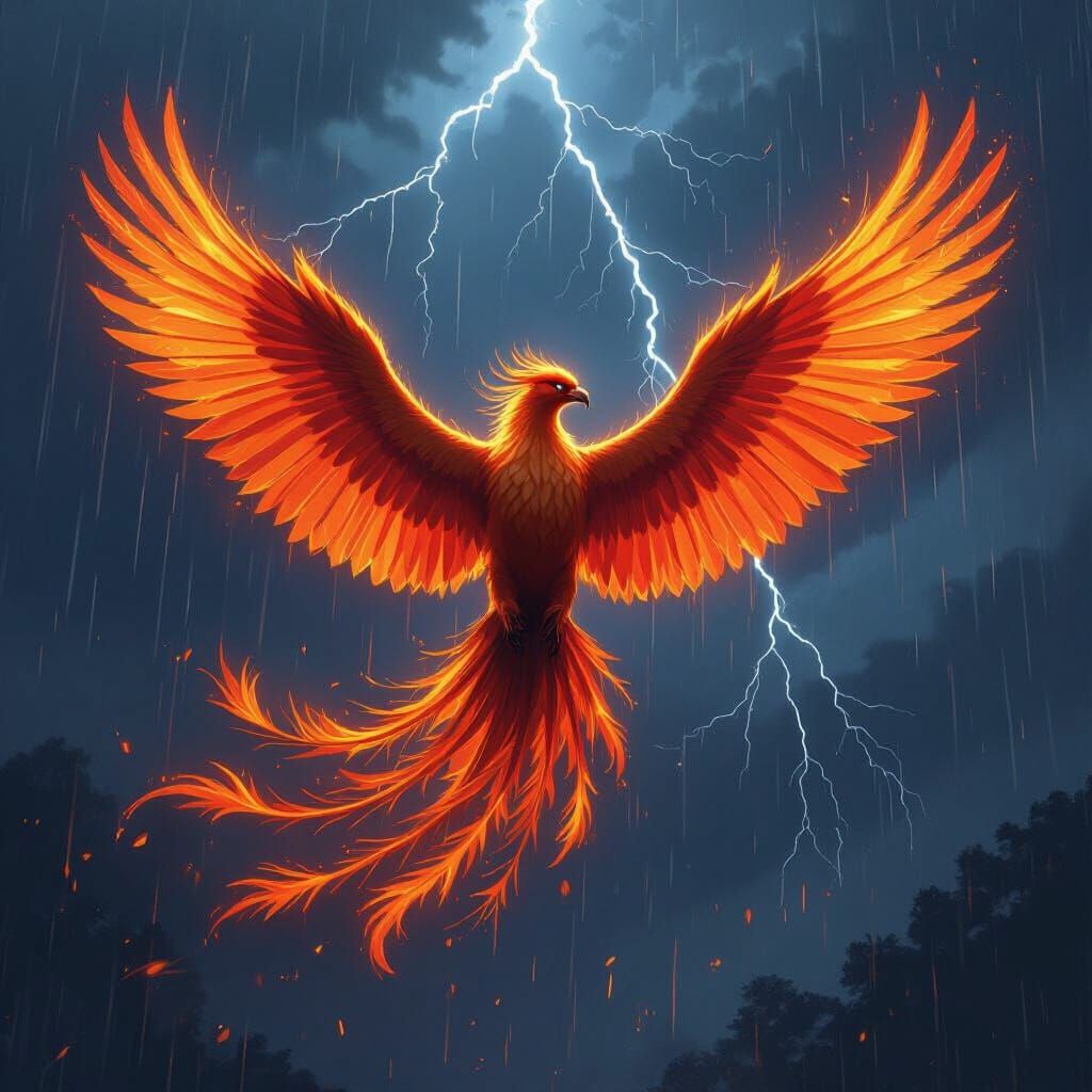 Majestic Phoenix in Rainy Night as Digital Art