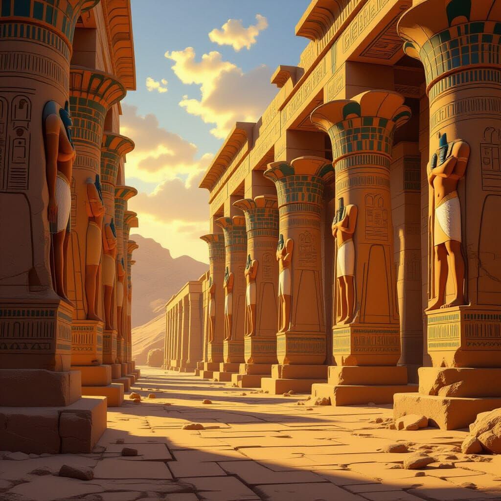 Ancient Egyptian Temple with Monumental Pillars and Hierogly...