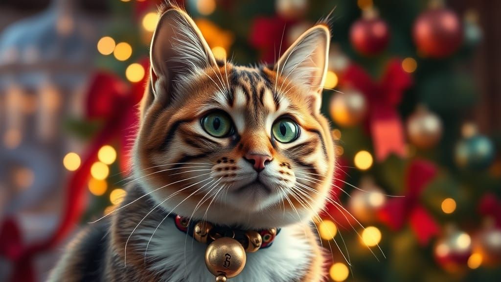 Hyperrealistic Christmas Cat in Elegant Art Nouveau Style