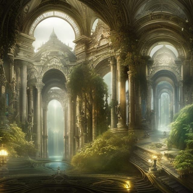 Utopian City of Light with Floating Gardens