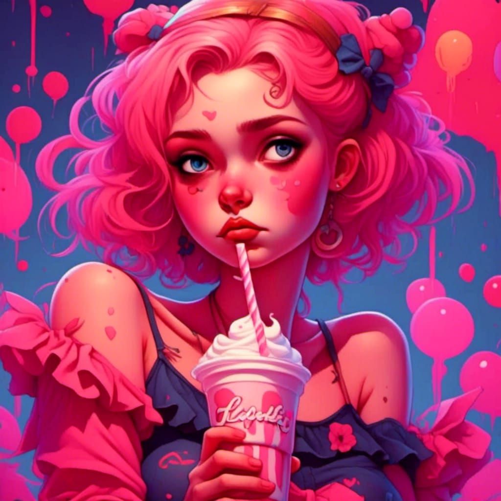 Sad Girl with Milkshake in Acrylic Style