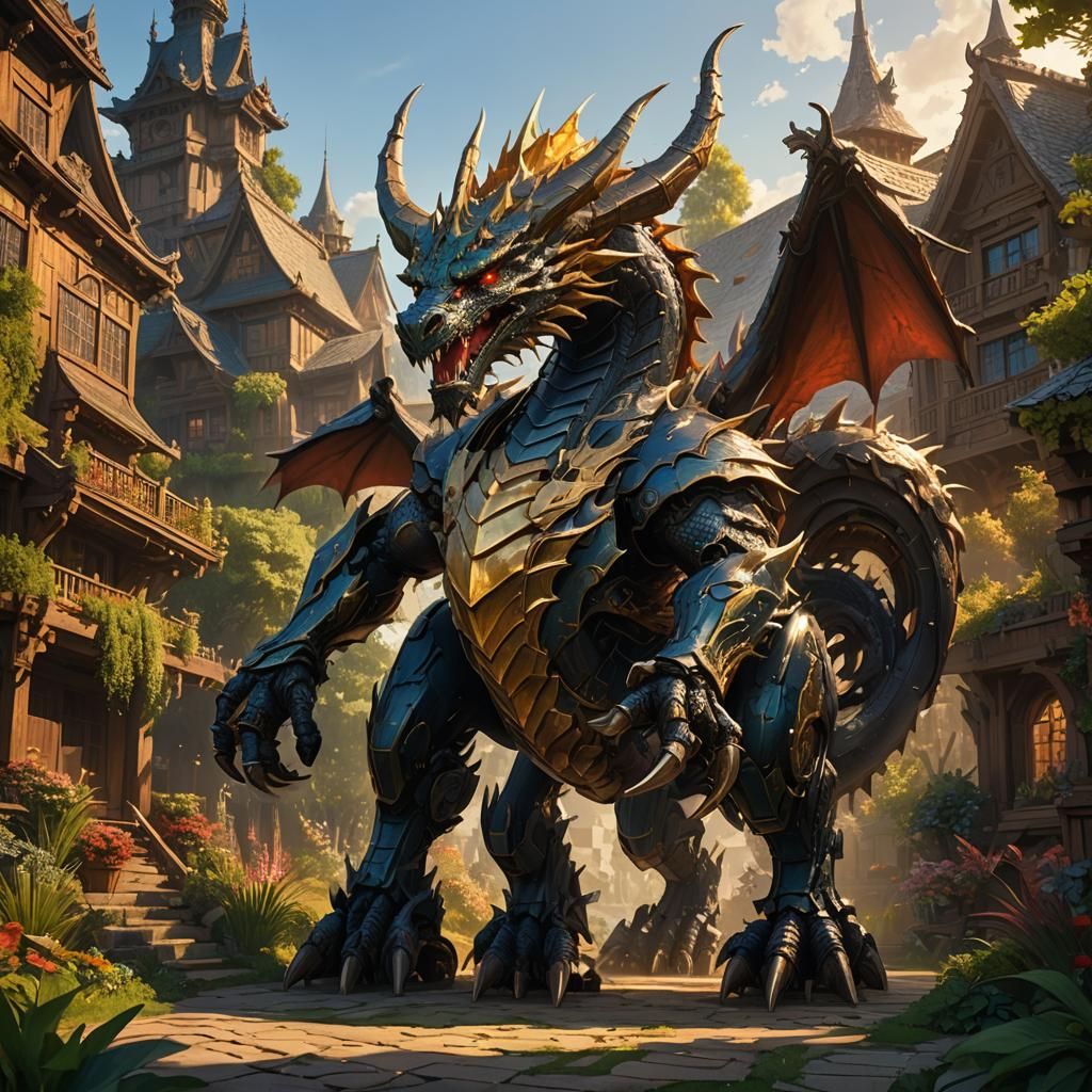 Wheeled Warrior and Dragon in Lush Fantasy Landscape