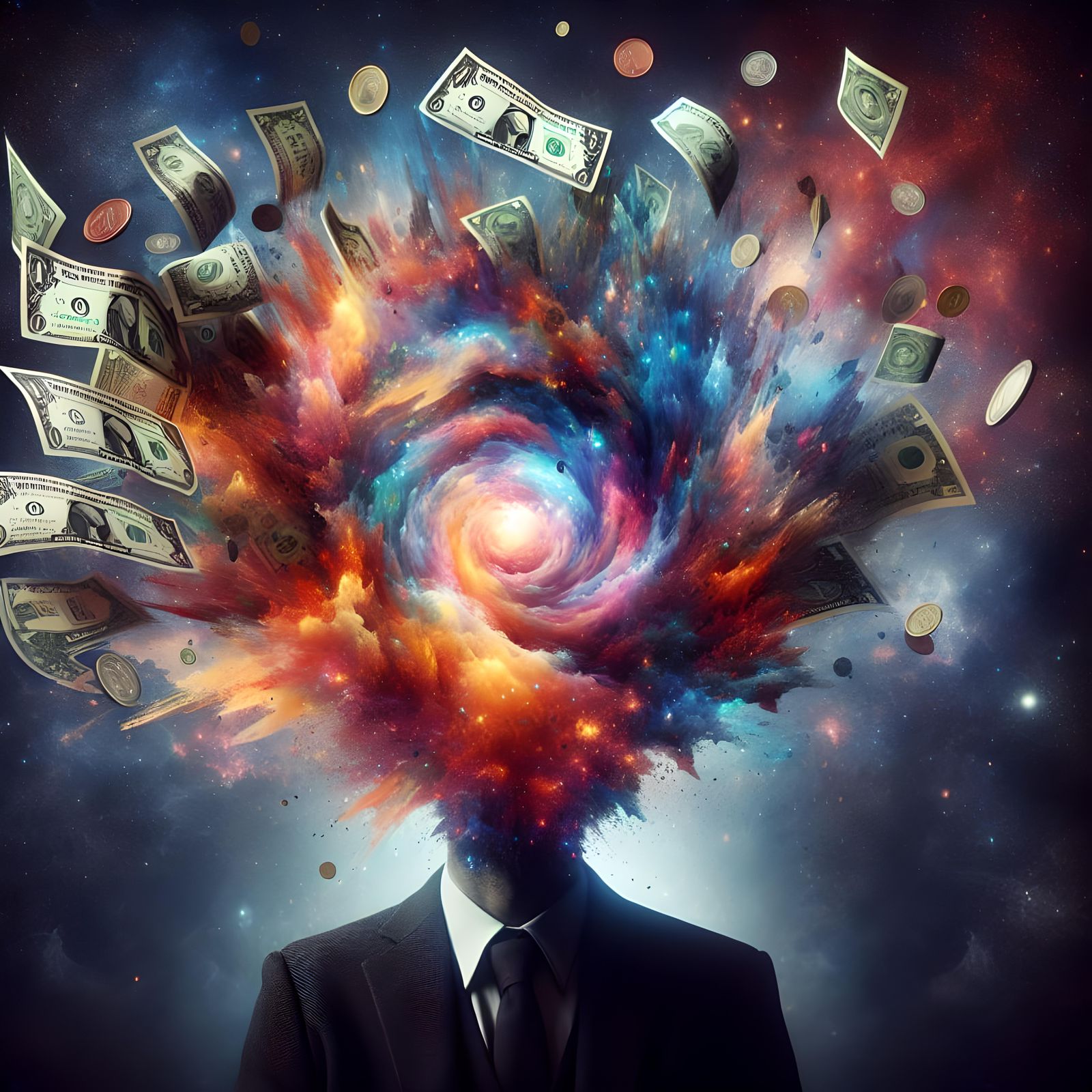 Abstract Fantasy Portrait: Head Exploding with Currency