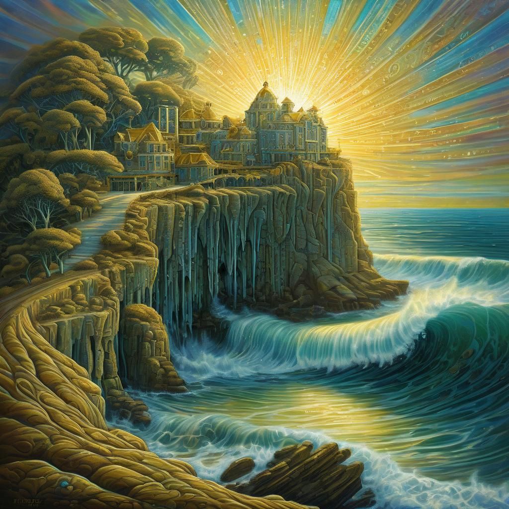 Surreal Beachcomber Scene with Golden Holographic Elements