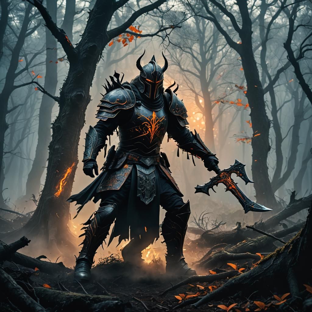Dark Fantasy Warrior Charges into Misty Forest
