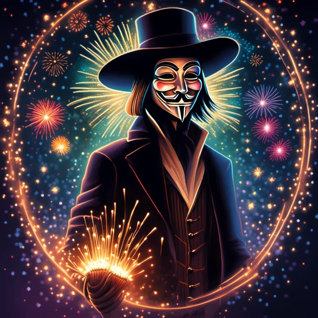 Ethereal Hologram of Guy Fawkes with Fireworks