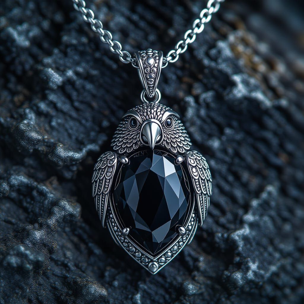 Obsidian Parrot Pendant Necklace in Silver