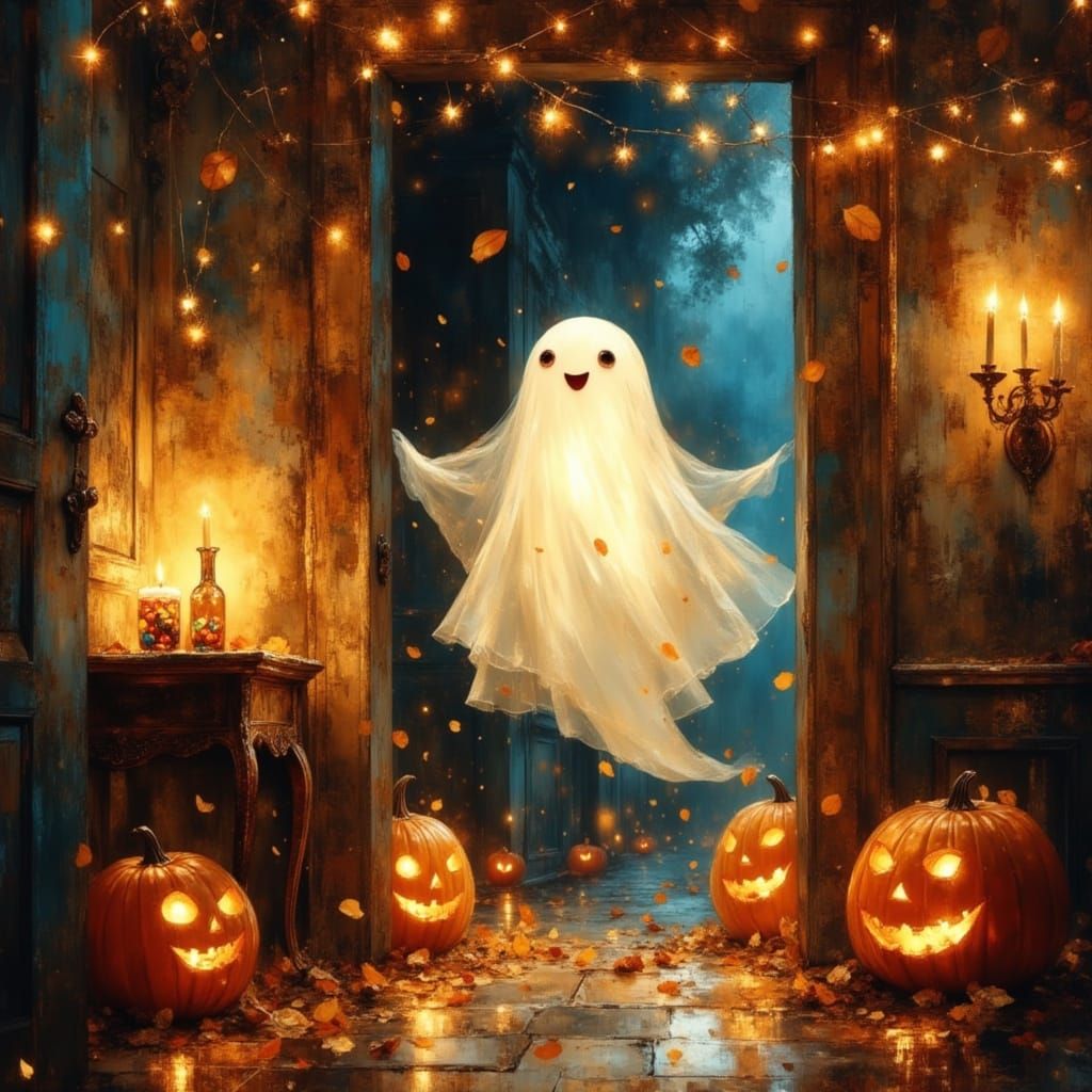 Friendly Ghost Floats Through Cozy Halloween Mansion