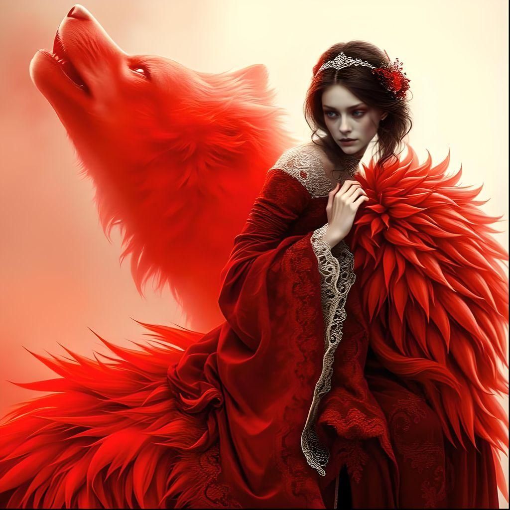 Woman on Red Wolf in Digital Watercolor Style