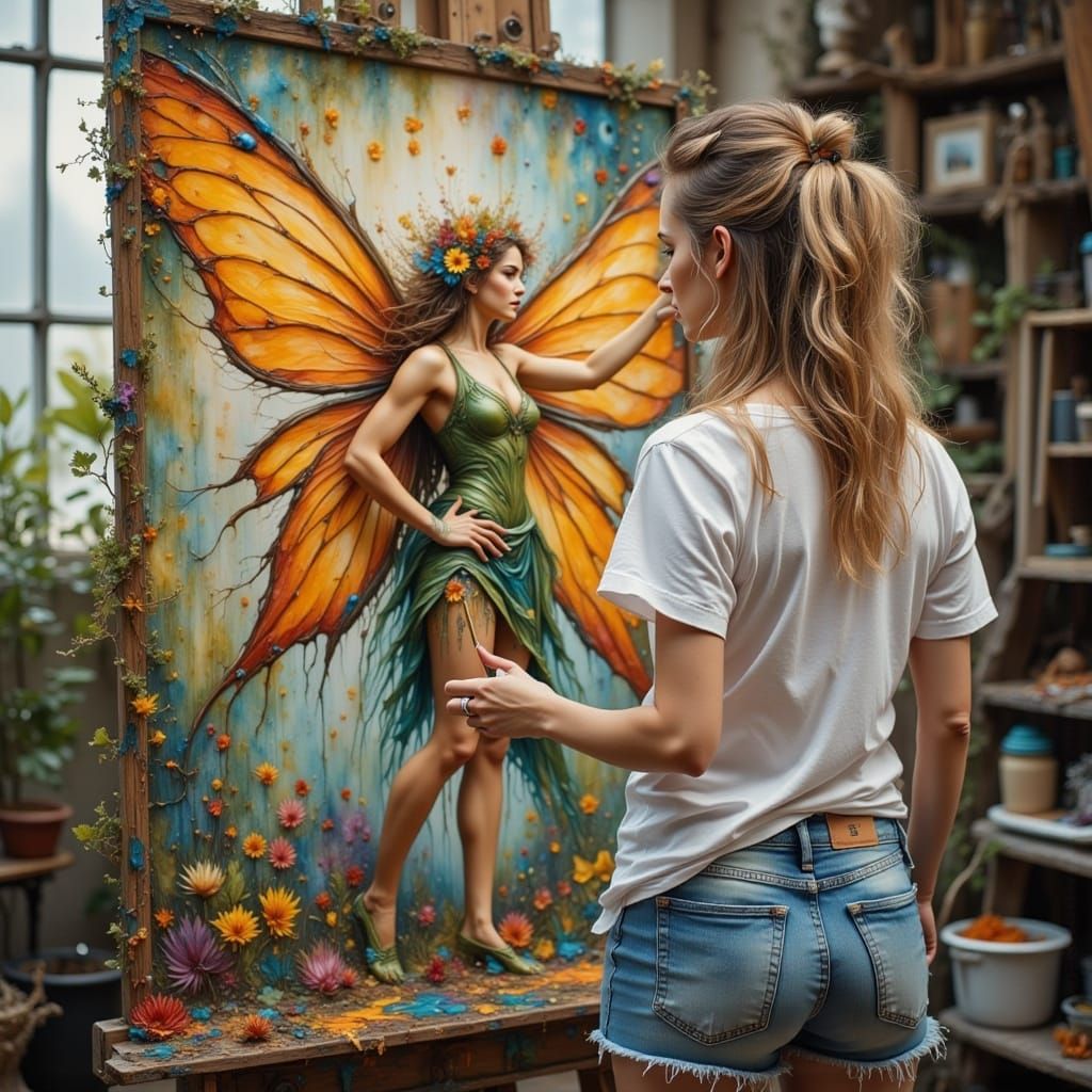 Artist Covered in Paint Works on Fairy Masterpiece in Studio