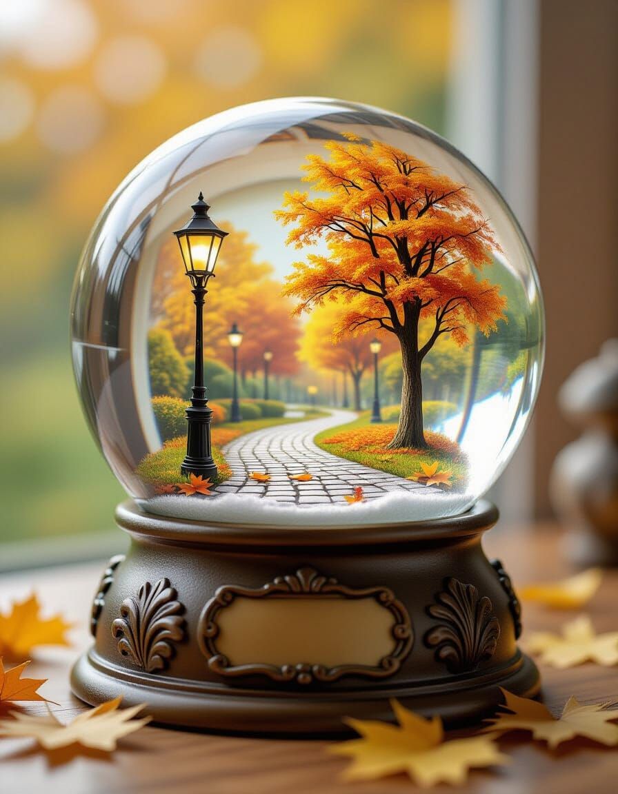 Autumn Scene in Snow Globe with Cobblestone Path