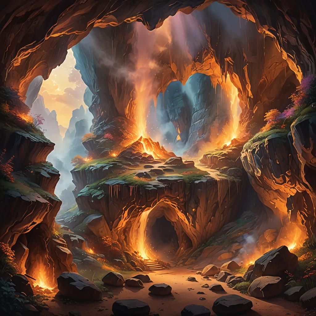 Ethereal Cave with Fire and Mystical Energies