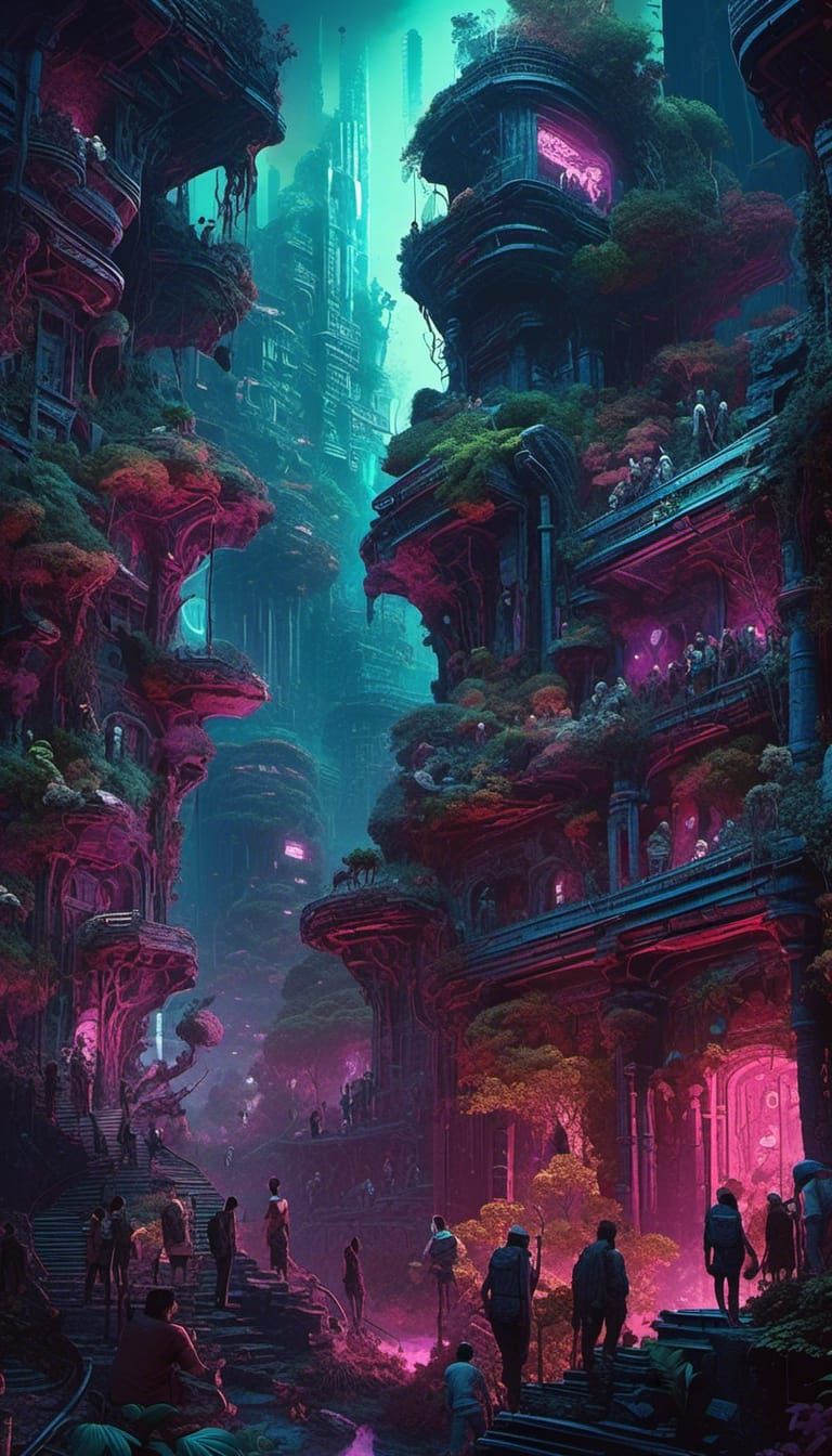 Cyberpunk Babylon with Floral Kudzu, Ghibli Style