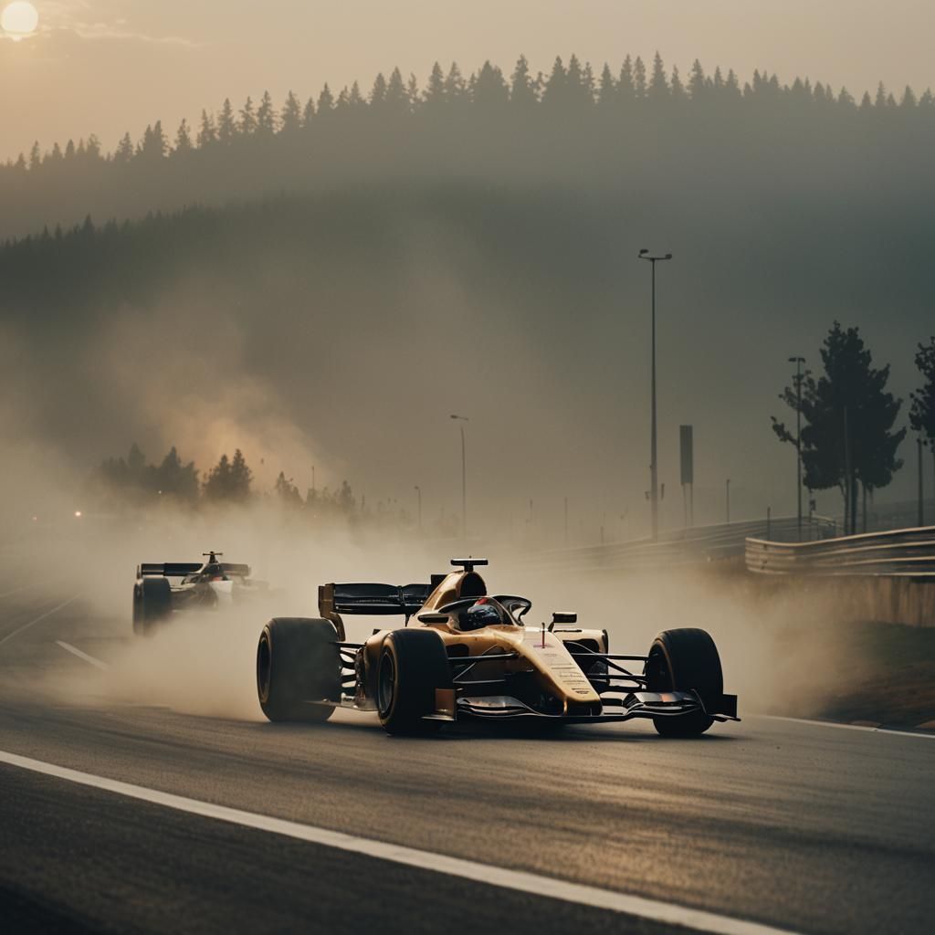 F1 Car Races on Misty Track: Cinematic Film Still