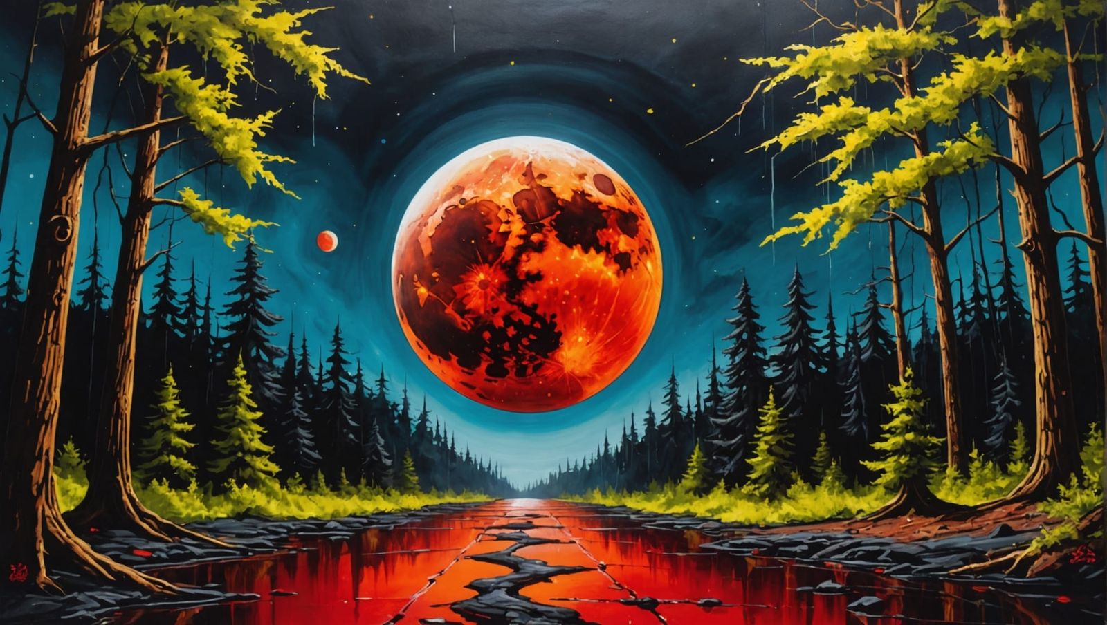 Giant Blood Moon Over Forest in Urbancore Graffiti Art