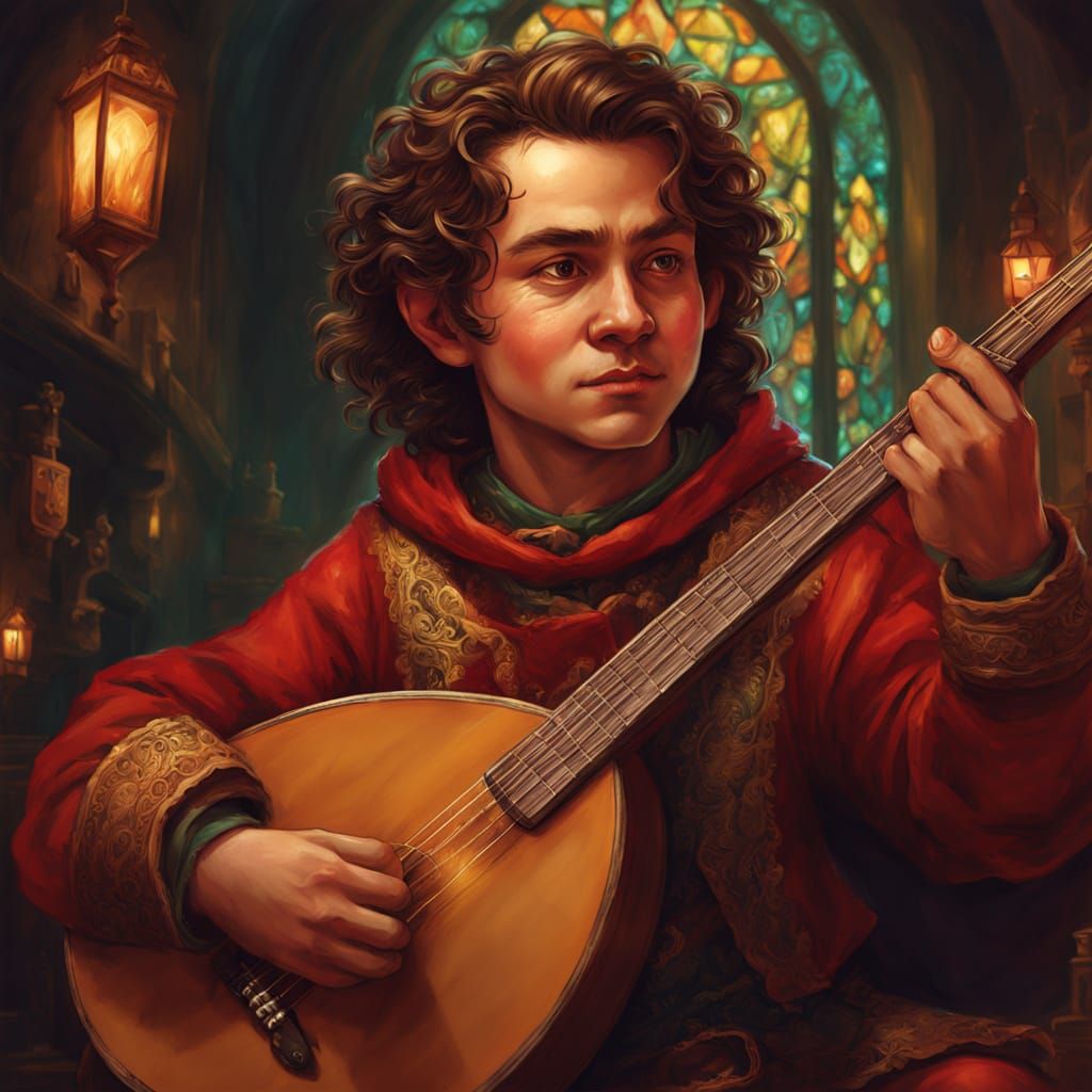 Halfling Bard Plays Lute in Vibrant Oil Painting