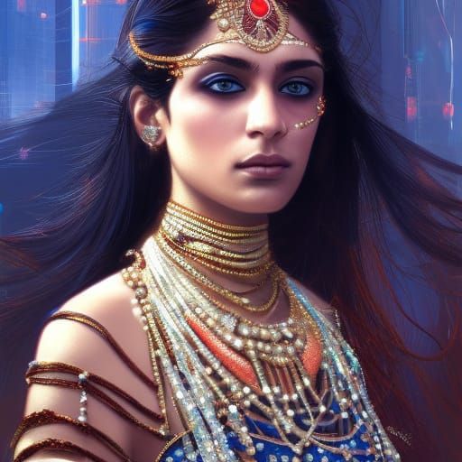 Indian Princess with Sapphire Jewelry in Cyberpunk Mumbai