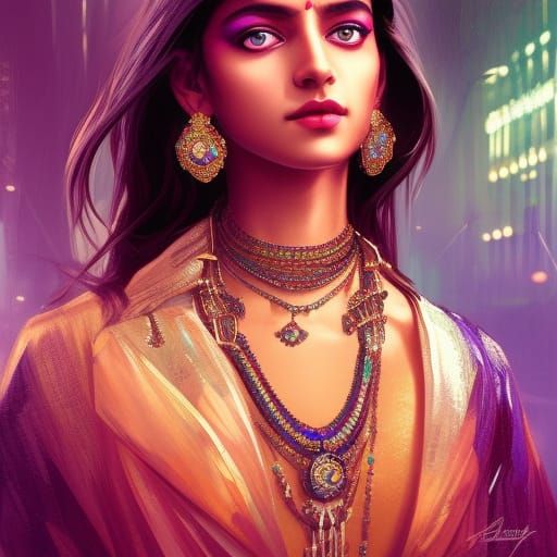 Indian Princess in Cyberpunk Mumbai, Hyperdetailed Portrait