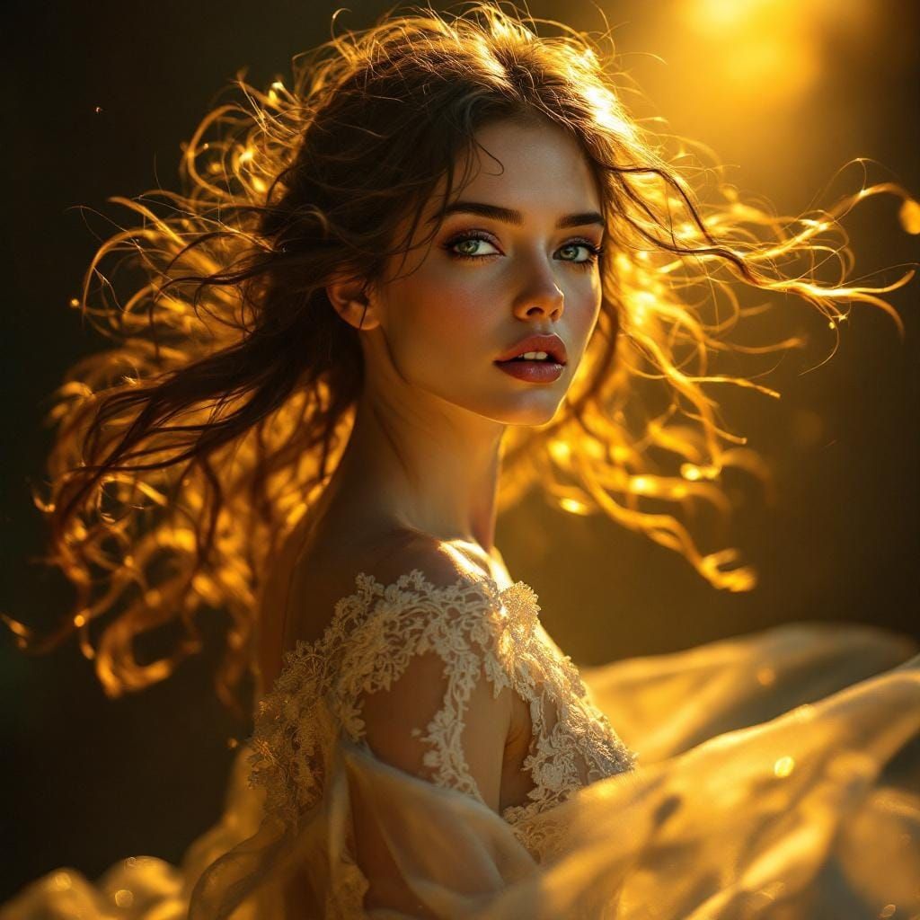 Ethereal Woman Dancing in Golden Light, Digital Art