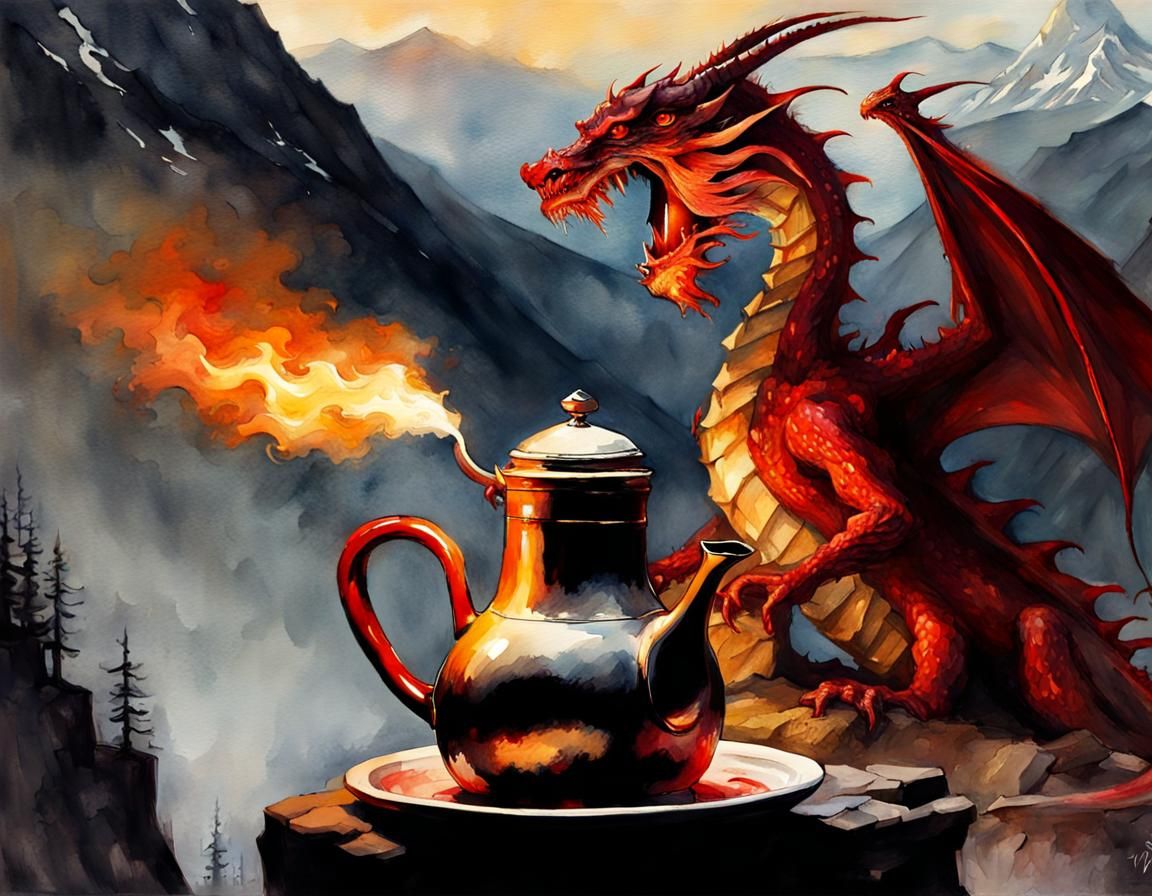Fiery Dragon on Coffee Pot, Watercolour Chiaroscuro