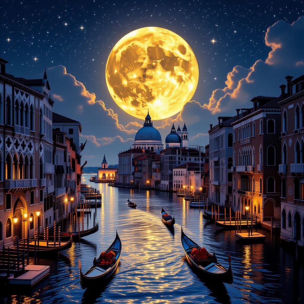 Magical Venetian Canal Night Scene With Golden Moon