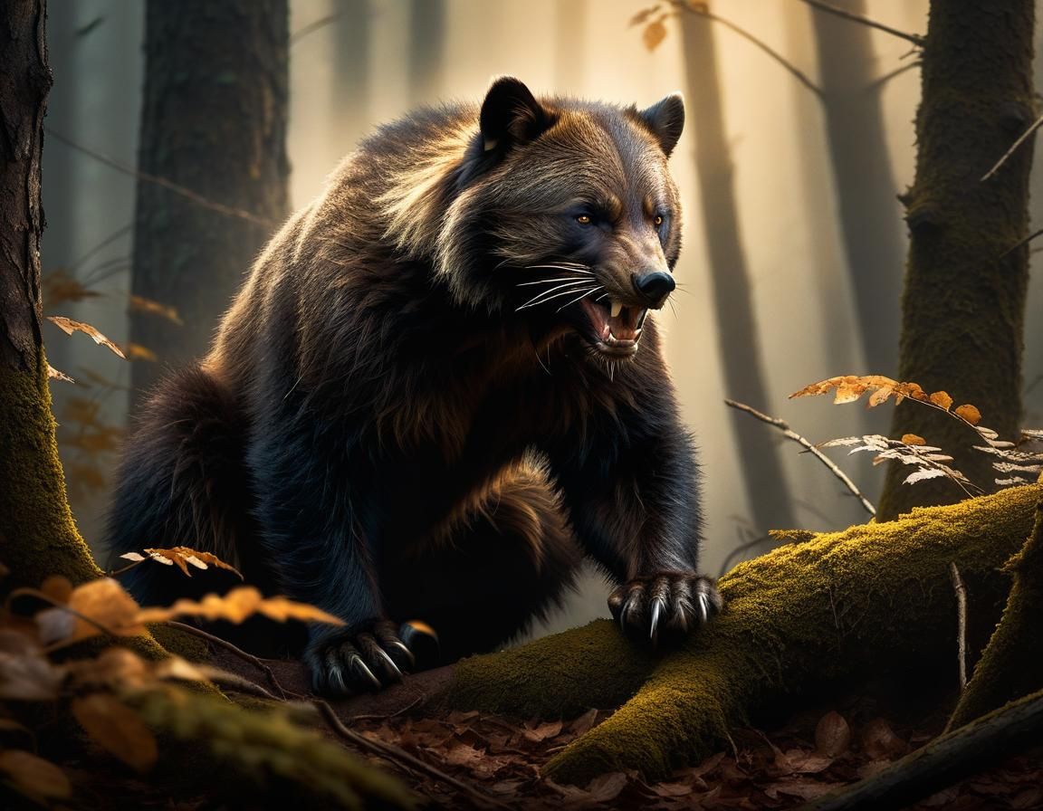 Wolverine in Misty Forest: Realistic Digital Painting
