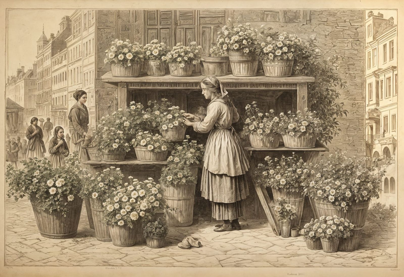 Woman Selling Flowers in Amsterdam: Gustave Dore Style