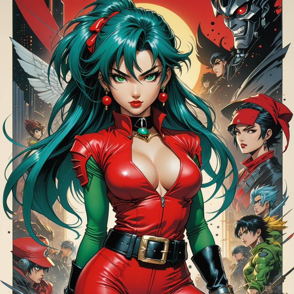 Teal-Haired Woman in 80s Anime Style