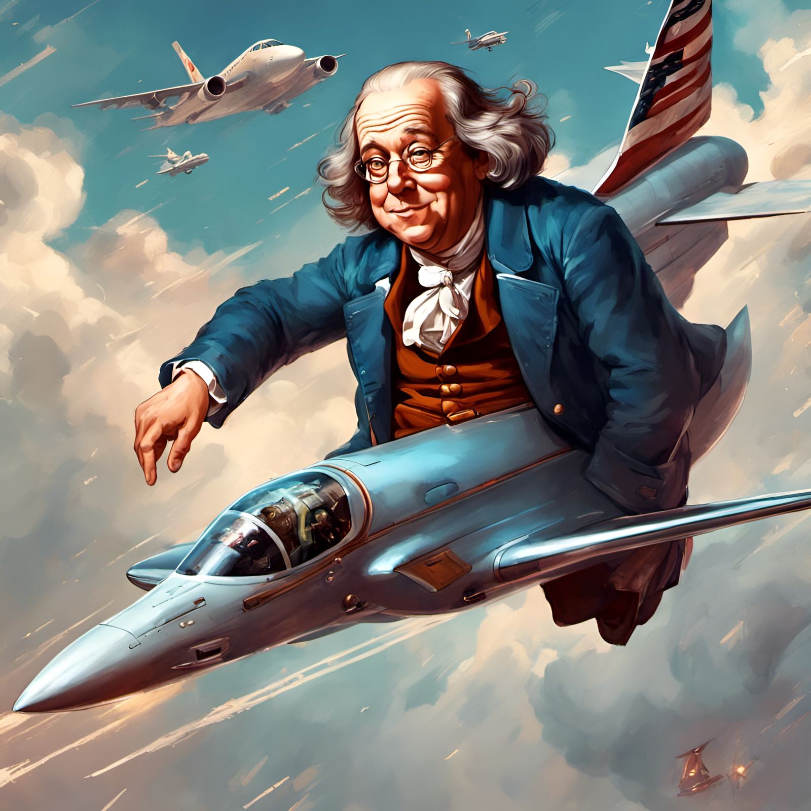 Benjamin Franklin Flies a Jet: Digital Illustration