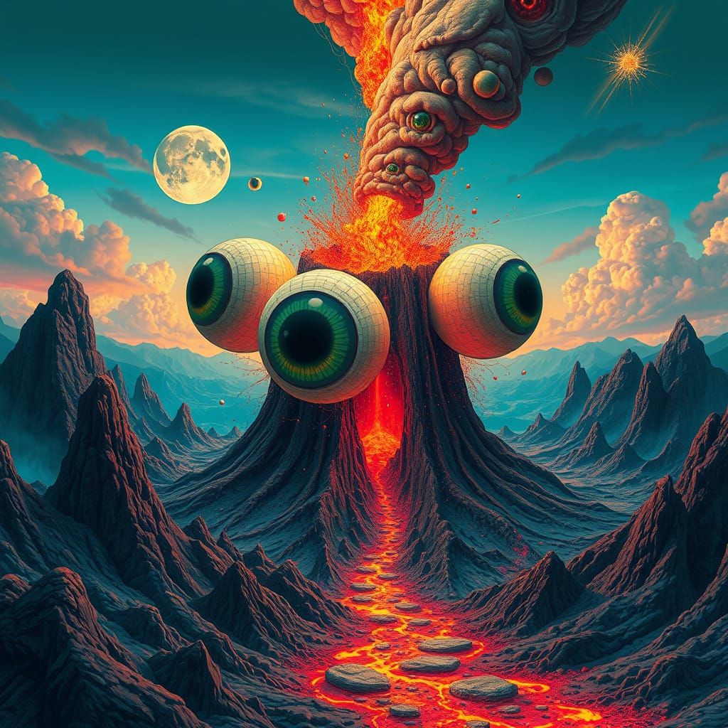 Surreal Volcano Eruption with Giant Eyeballs
