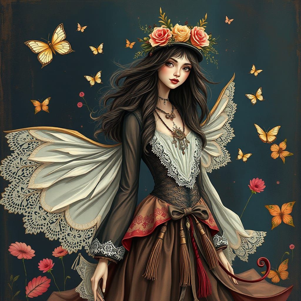 Alice wonderland chic clipart, woman,  mystical vibe, Blue, Pink and Beige dark blue and mahogany saturated colors, illu...