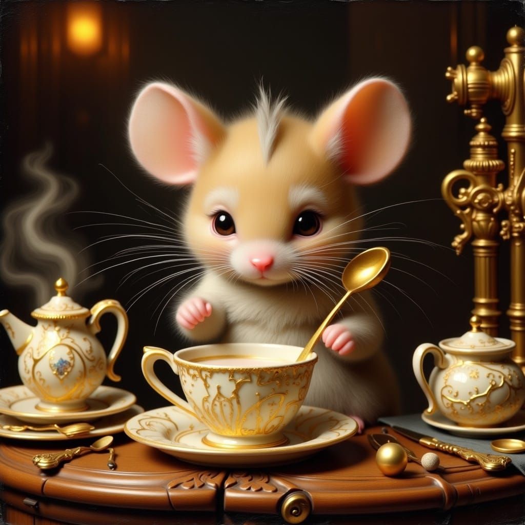 Tiny Mouse Stirring Milk in Latte Cup on Table
