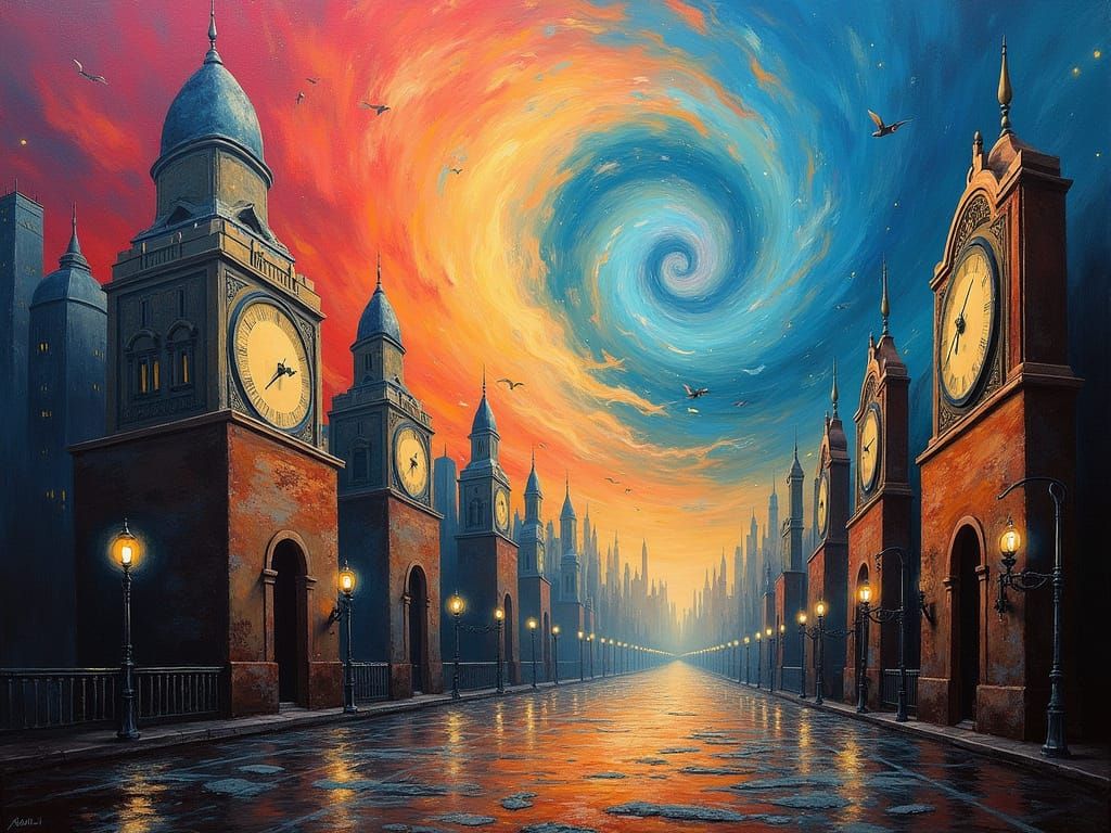 Surreal Cityscape with Melting Clocks and Vortex Sky