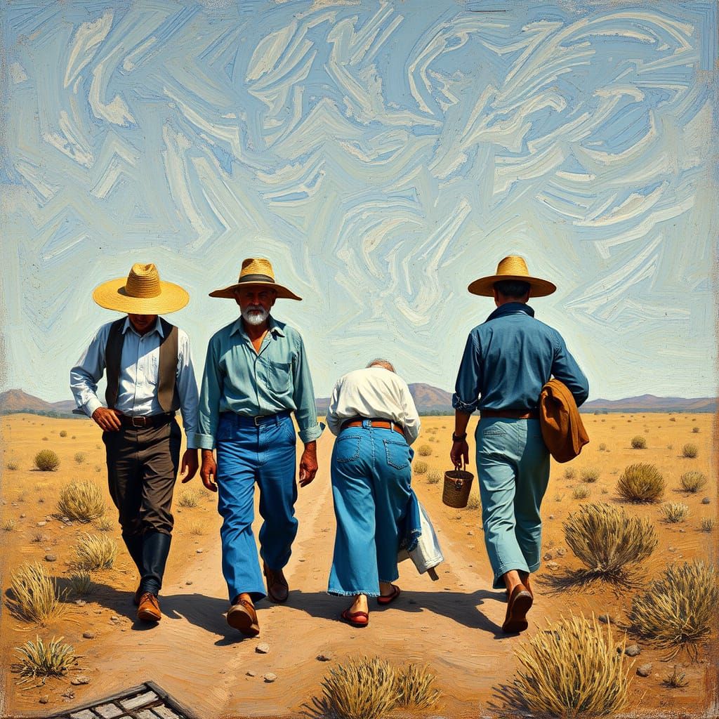 Farmers on Barren Land: Van Gogh-Style Image